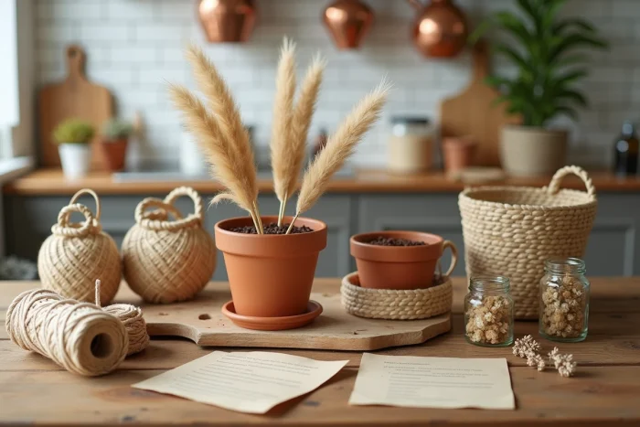 Flat lay de matériaux DIY déco intérieur avec pots en terre cuite, macramé et plantes séchées sur table en bois
