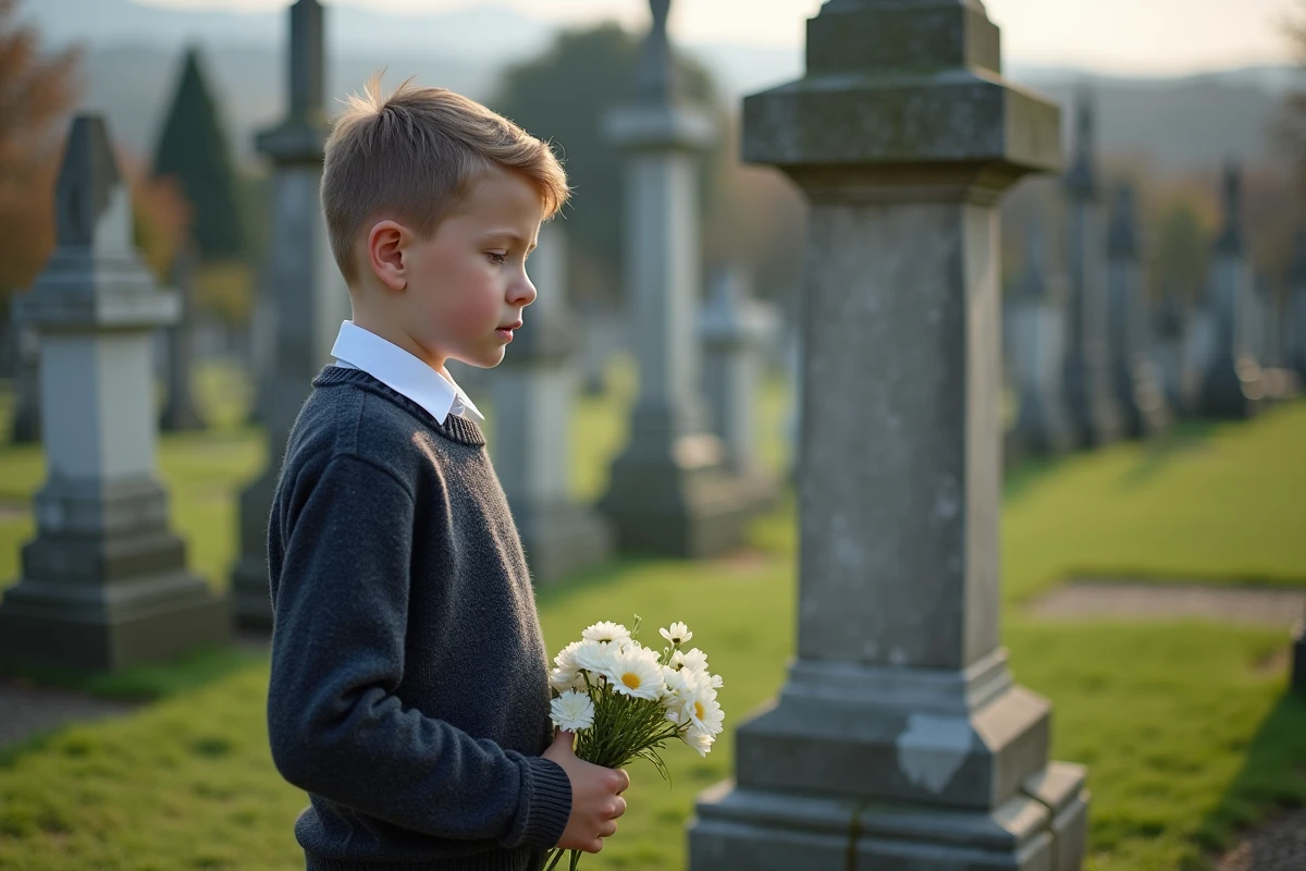 Adolescent au cimetière avec des fleurs blanches