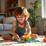 Garçon de six ans jouant avec un jeu de construction dans le salon