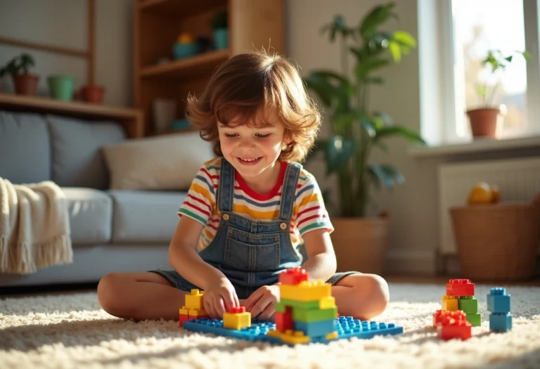 Garçon de six ans jouant avec un jeu de construction dans le salon