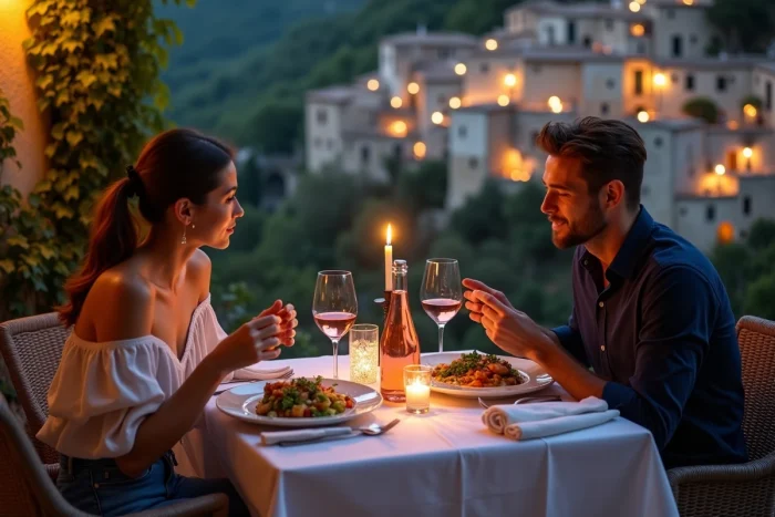 Couple dînant en amoureux à Moustiers-Sainte-Marie avec vue sur le village perché et sa cascade