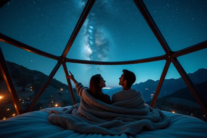 Couple allongé dans un géopod transparent sous un ciel étoilé dans les Alpes-de-Haute-Provence