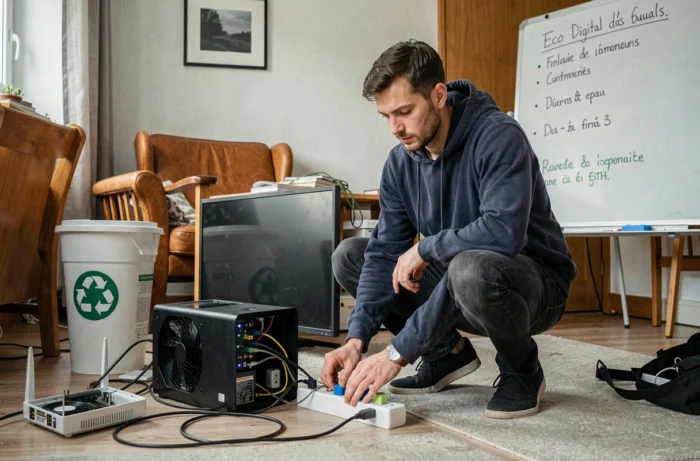 Homme gérant des prises connectées et des câbles pour réduire la consommation énergétique numérique dans un appartement