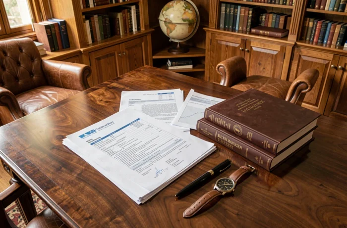 Documents financiers, montre de luxe et stylo sur une table en noyer dans une bibliothèque privée, symbolisant la richesse et les sources de revenus de GMK