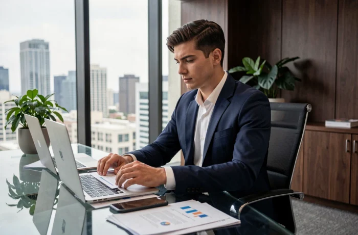 Entrepreneur prospère assis à un bureau en verre dans un bureau moderne avec vue sur la ville, illustrant la fortune et le succès financier de GMK en 2026