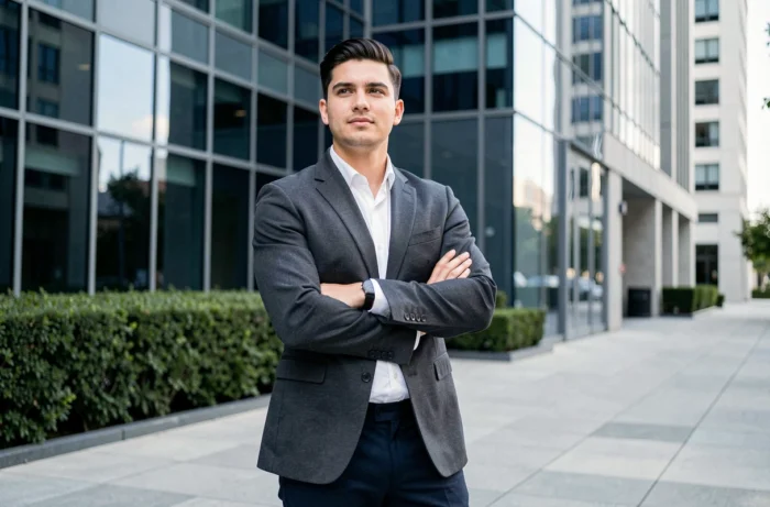 Jeune entrepreneur confiant devant un immeuble moderne en verre dans un quartier d'affaires, représentant le profil public et la réussite financière de GMK en 2026