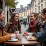 Groupe d'amis souriants au café en Quimper avec bâtiments bretons