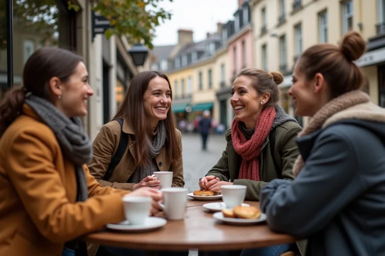 Groupe d'amis souriants au café en Quimper avec bâtiments bretons