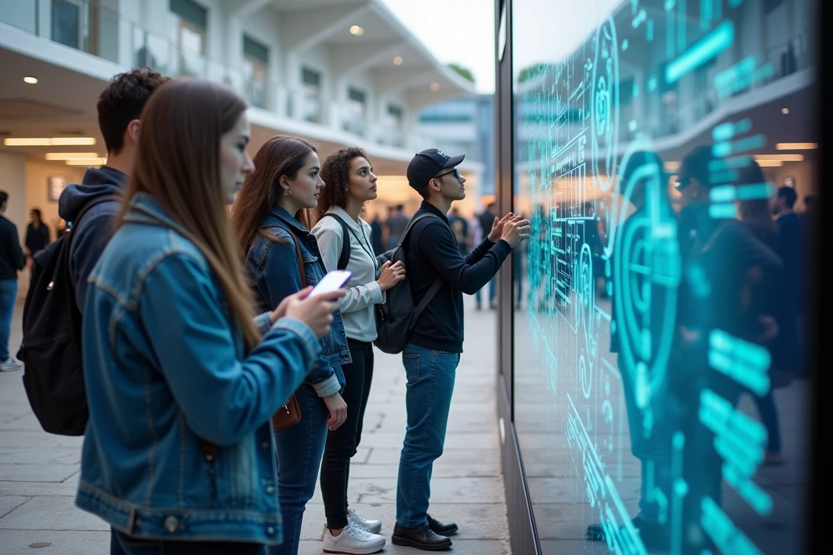 Groupe de jeunes autour d un mur interactif en expo technologique