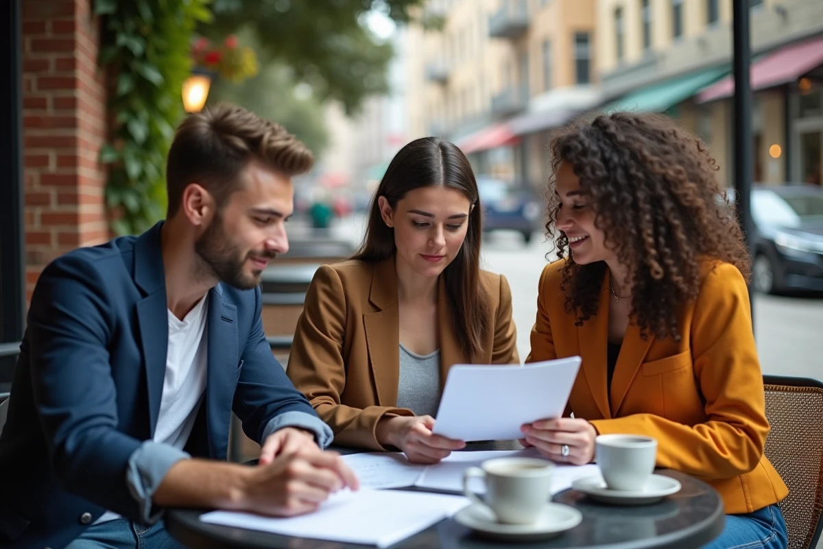 Groupe de personnes discutant autour d une table en extérieur