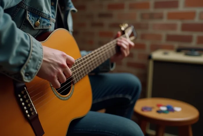 Guitariste avec un ongle long au petit doigt sur le manche d'une guitare acoustique