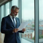 Homme d'affaires en costume bleu dans un bureau moderne