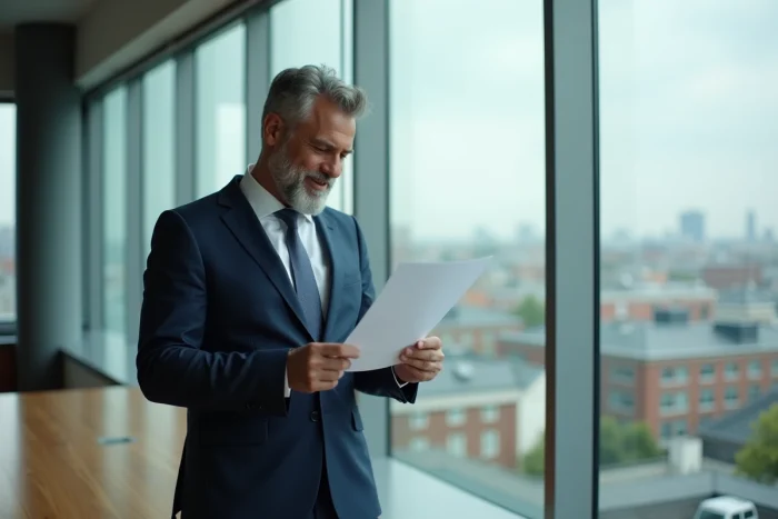 Homme d'affaires en costume bleu dans un bureau moderne