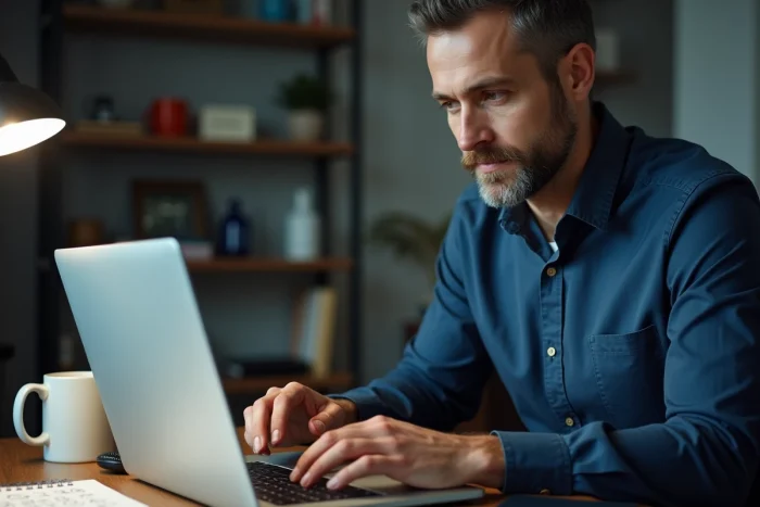 Homme utilisant un annuaire inversé gratuit sur ordinateur portable pour identifier un numéro de téléphone inconnu depuis son bureau à domicile