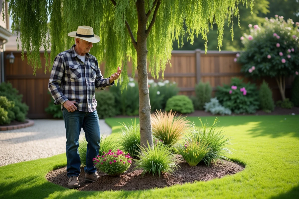 Homme âgé observant un saule crevette dans le jardin