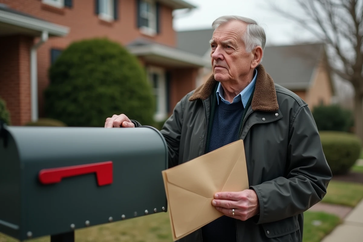 Homme âgé devant une boîte aux lettres avec une lettre