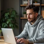 Homme en hoodie travaillant sur son ordinateur à la maison