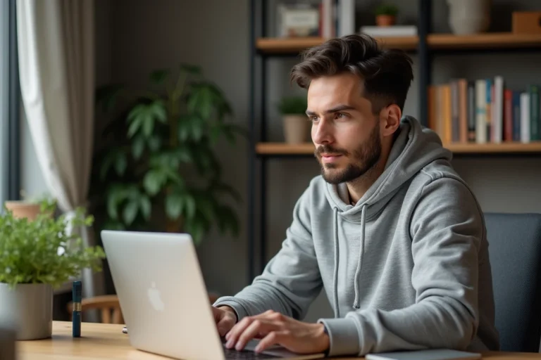 Homme en hoodie travaillant sur son ordinateur à la maison