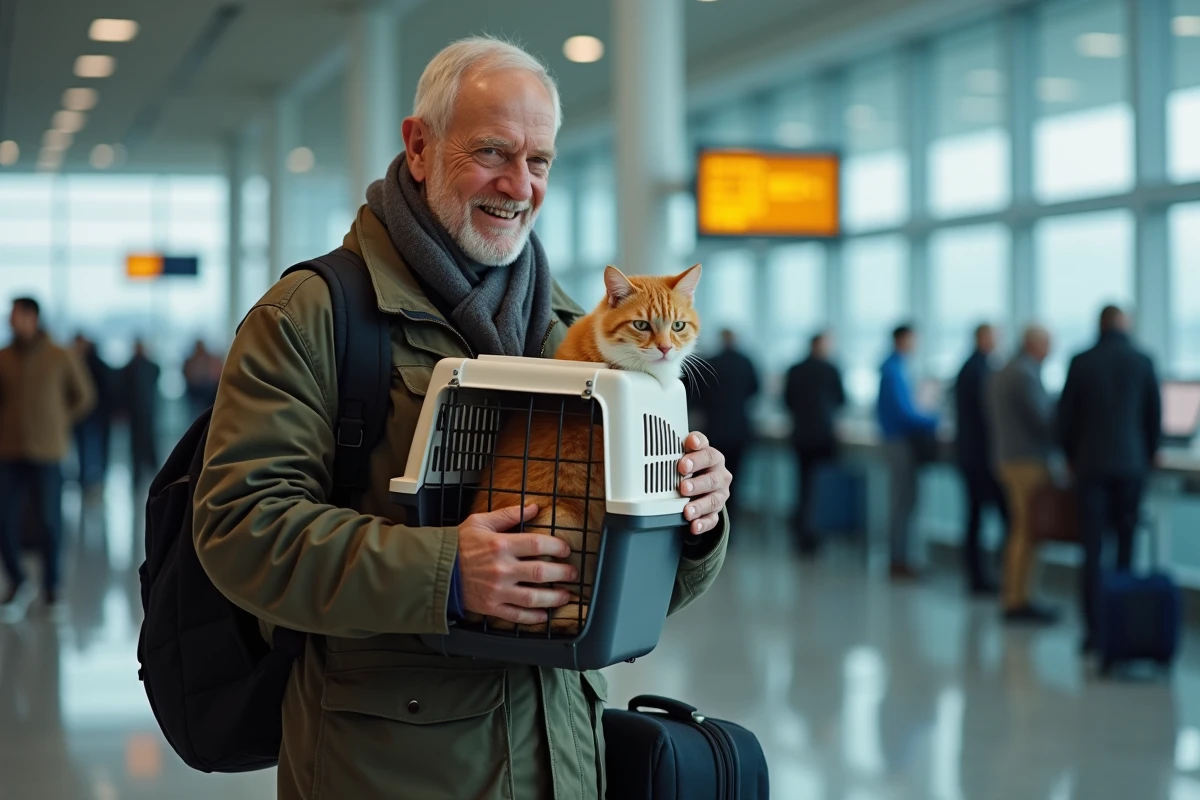 Homme âgé tient un chat dans une cage à l