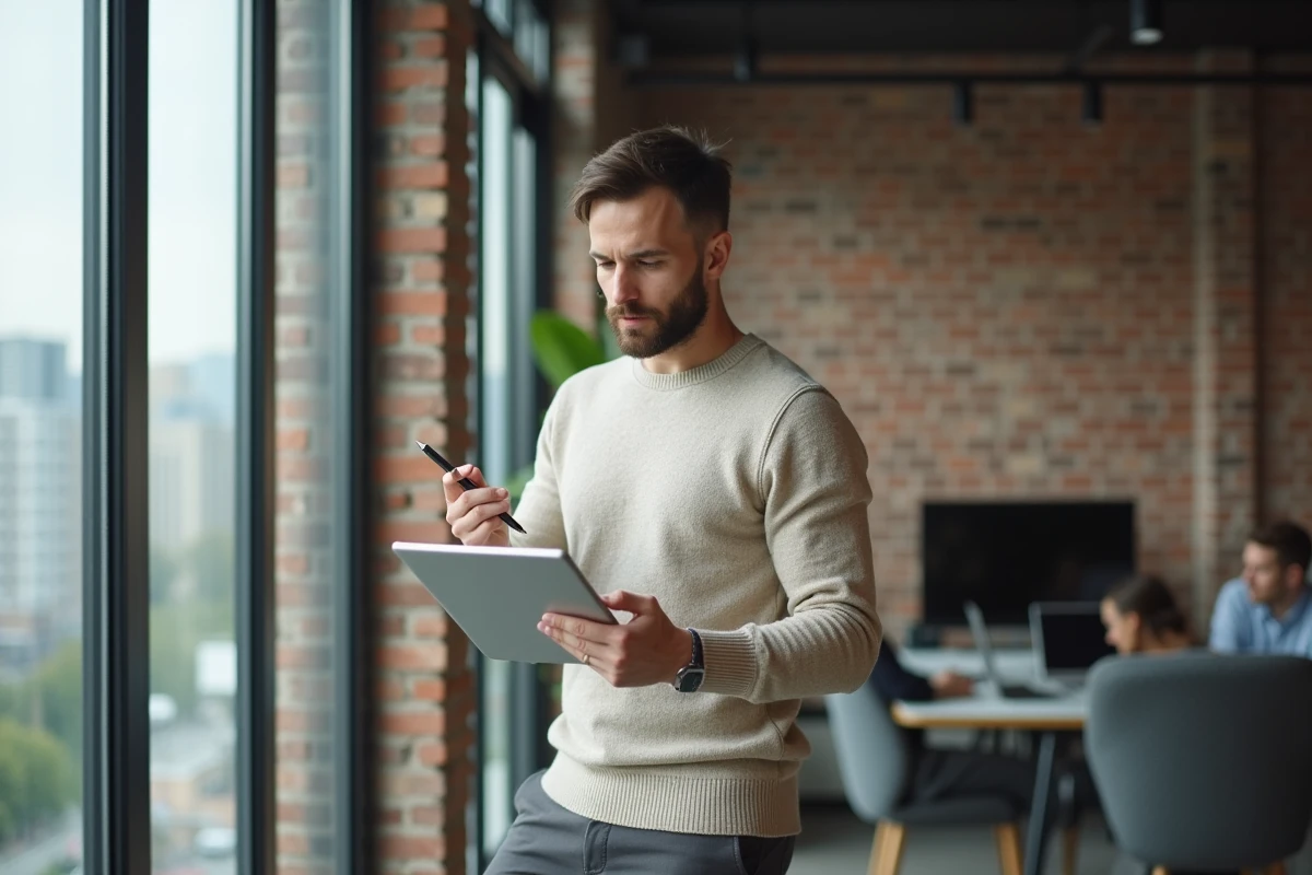 Homme analysant des documents dans un espace de coworking
