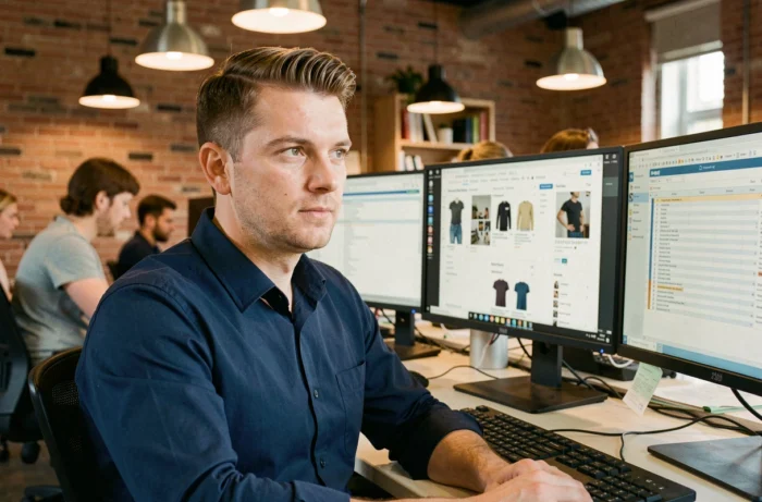 Homme gérant une boutique en ligne sur plusieurs écrans dans un espace de coworking moderne
