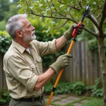 Homme utilisant une élagueuse à perche pour tailler les branches hautes d'un pommier dans un jardin verdoyant
