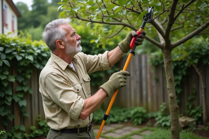 Homme utilisant une élagueuse à perche pour tailler les branches hautes d'un pommier dans un jardin verdoyant