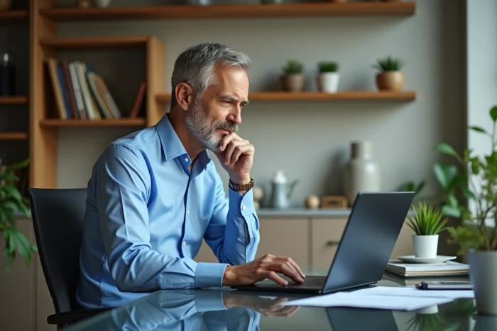 Homme d'âge moyen analysant des graphiques financiers à son bureau