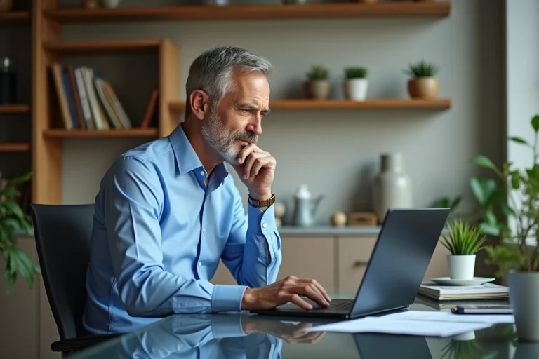 Homme d'âge moyen analysant des graphiques financiers à son bureau