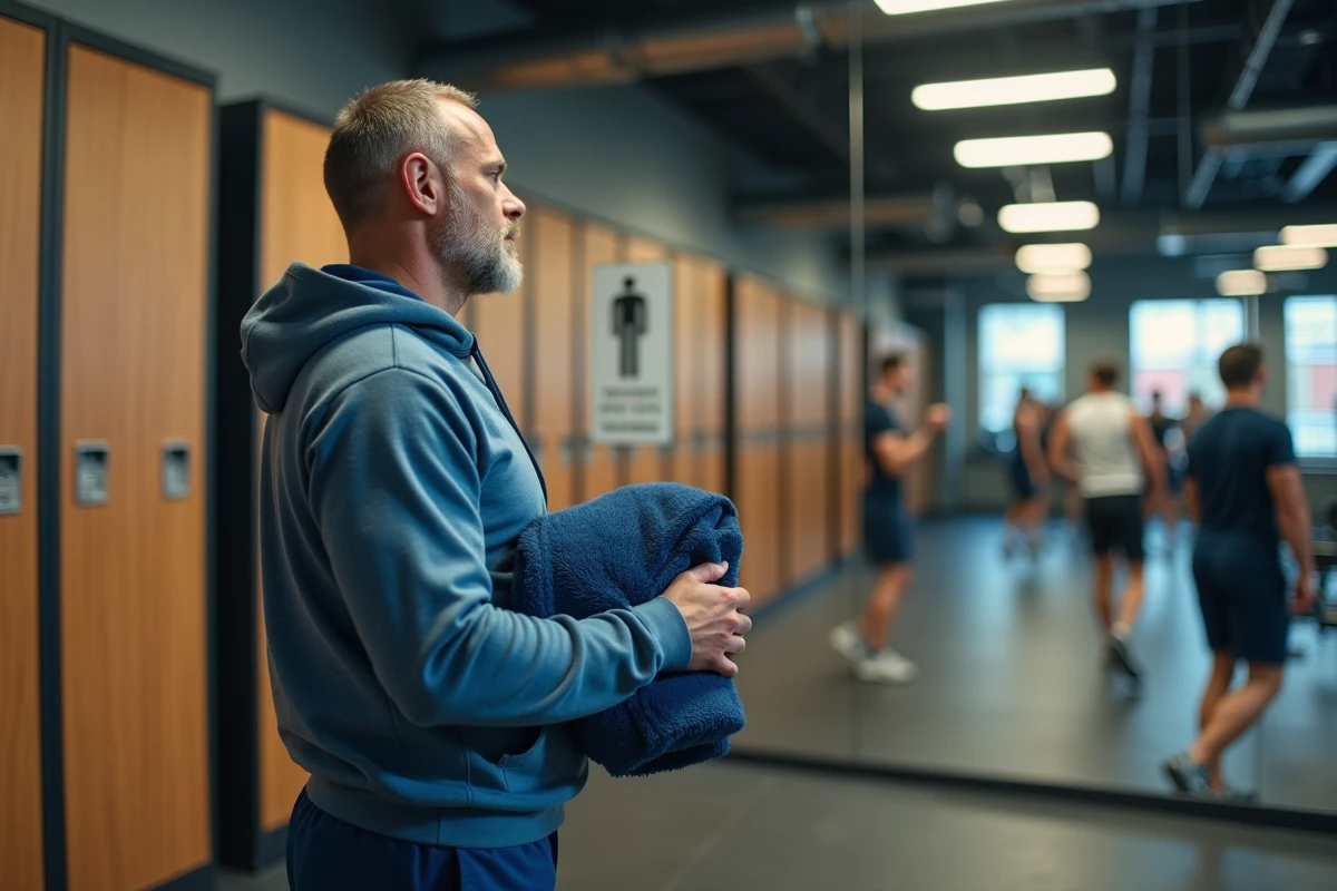 Homme lisant une affiche de regles en salle de sport
