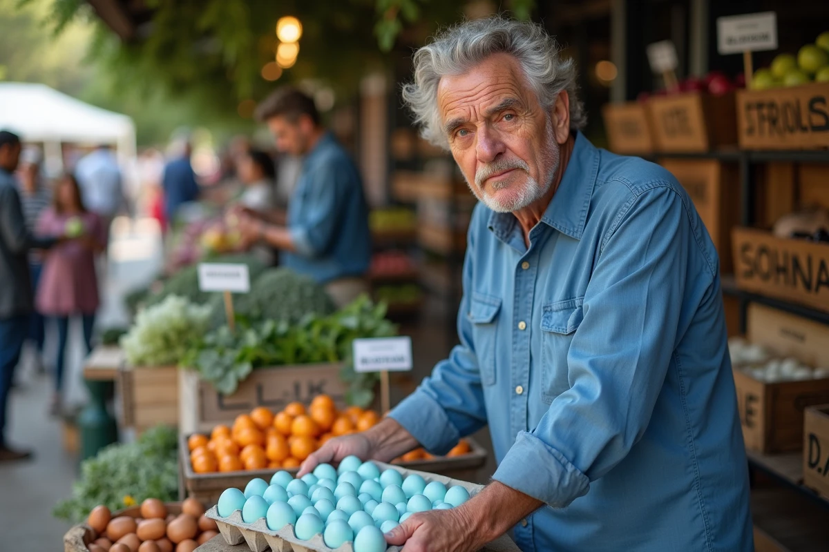 Homme au marché choisissant des œufs bleus dans un stand coloré