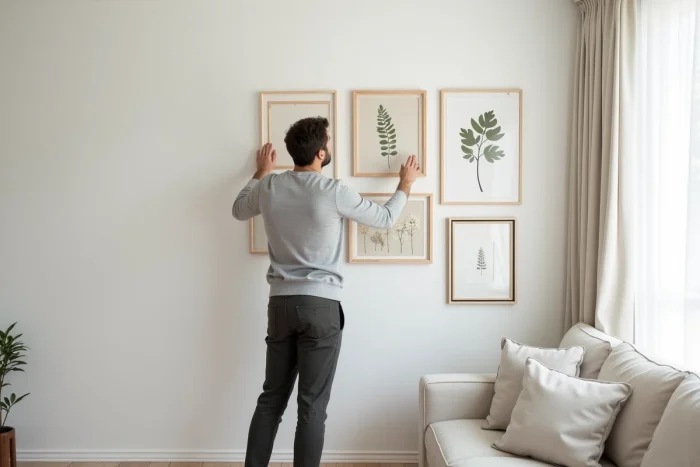 Homme créant un mur de cadres DIY dans un salon scandinave minimaliste avec parquet clair