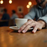 Main d'un homme posée sur une table de café avec un ongle long au petit doigt