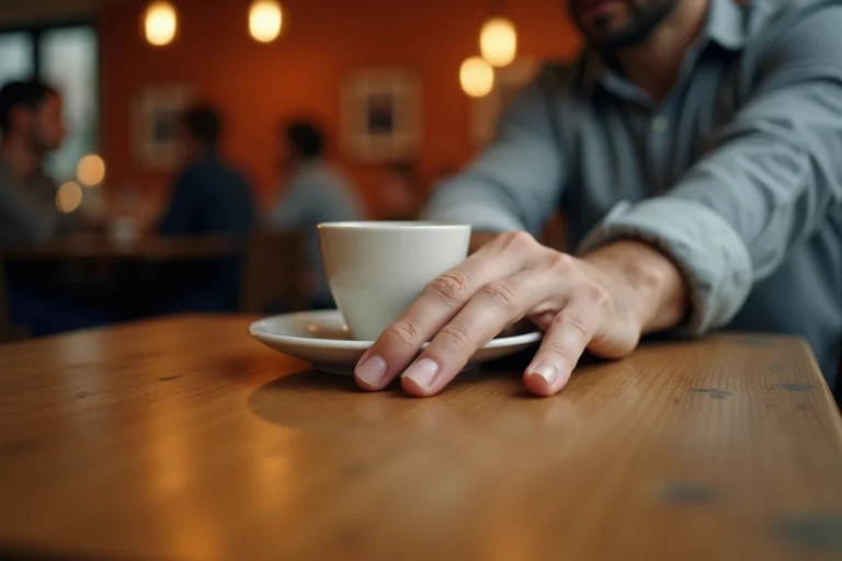Main d'un homme posée sur une table de café avec un ongle long au petit doigt