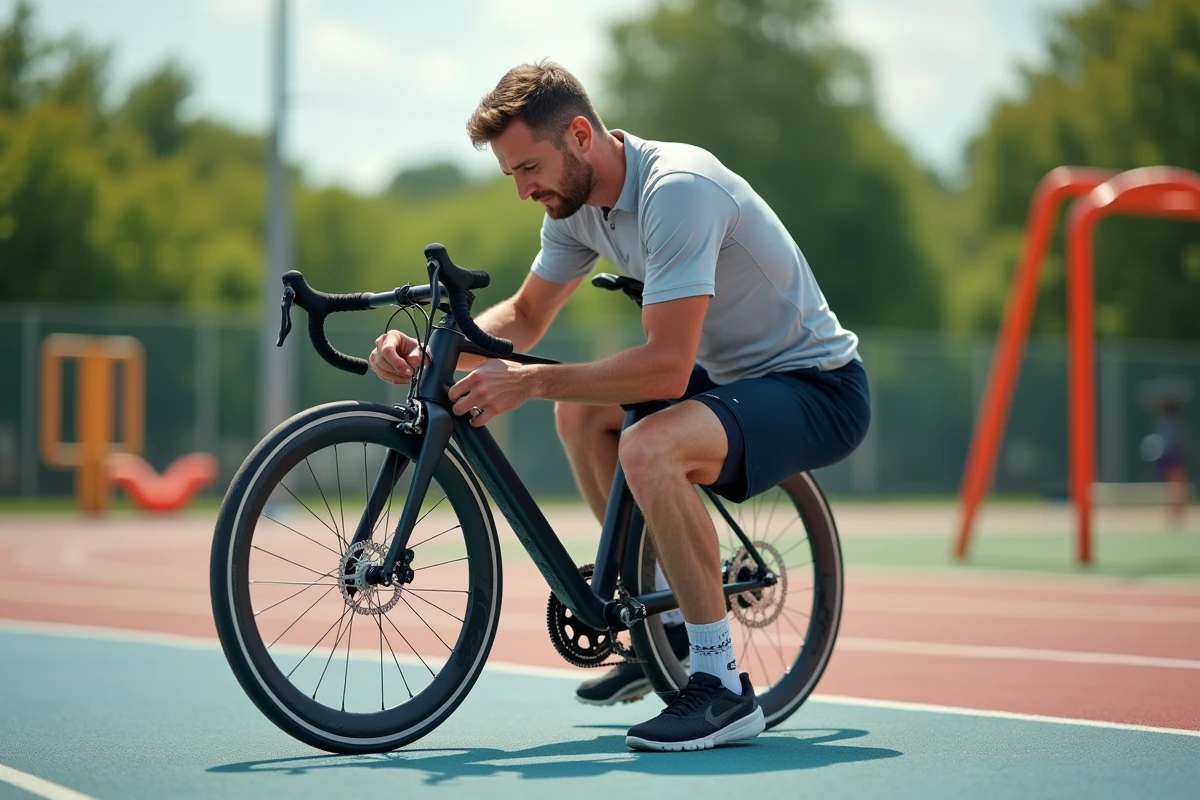 Homme ajuste la selle d’un vélo sur une piste ensoleillée