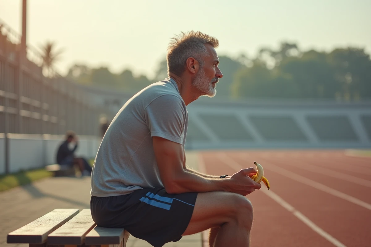 Homme assis sur un banc avec banane à l