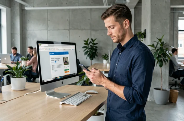 Homme consultant son smartphone pour trouver une solution alternative à un service numérique indisponible dans un bureau moderne