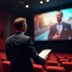 Homme en costume dans un cinéma regardant une affiche publicitaire