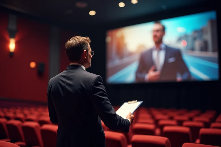 Homme en costume dans un cinéma regardant une affiche publicitaire