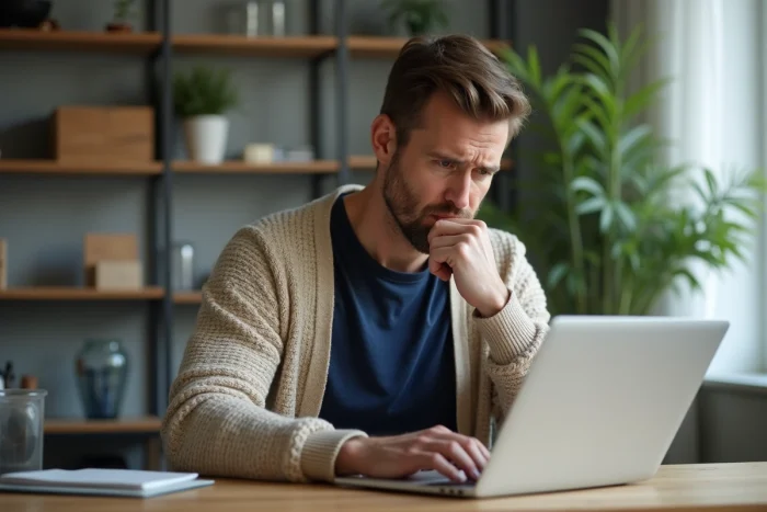 Homme pensif travaillant sur son ordinateur dans un bureau moderne