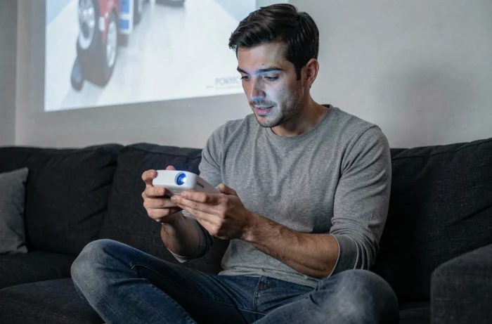 Homme examinant le mini projecteur Crenova VS100S dans un salon contemporain