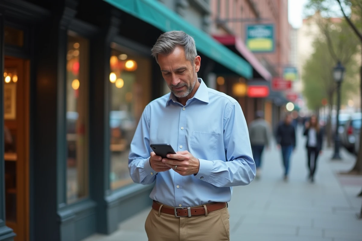 Homme dans la rue regardant son smartphone avec sourire