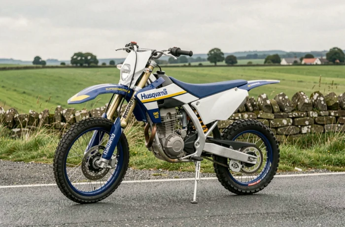 Husqvarna SMS 125 en livrée blanche et bleue positionnée au bord d'une route asphaltée à la campagne