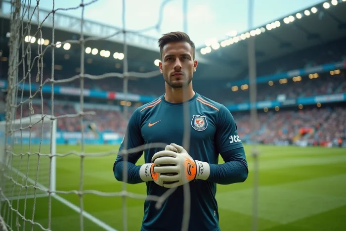 Gardien de but espagnol en gants et maillot debout devant un filet de but dans un grand stade de football, évoquant Iker Casillas
