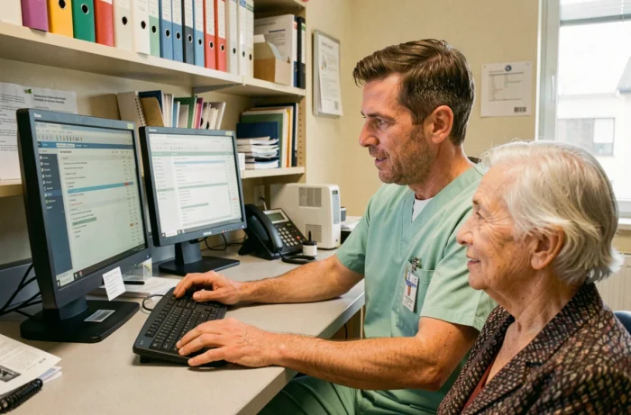 Infirmier masculin en poste de soins infirmiers accompagnant une patiente âgée dans un hôpital français