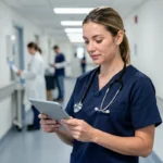 Infirmière française en uniforme bleu marine consultant une tablette dans un couloir d'hôpital moderne