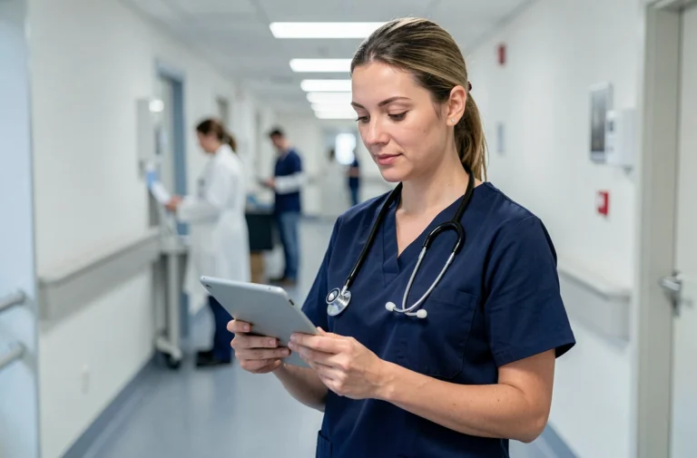 Infirmière française en uniforme bleu marine consultant une tablette dans un couloir d'hôpital moderne