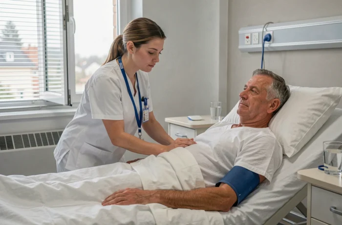 Infirmière prenant la tension artérielle d'un patient dans une chambre de clinique française