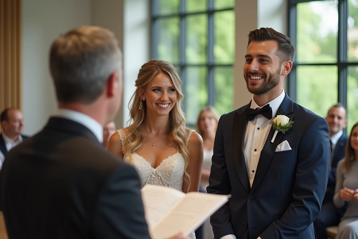 Jeune couple souriant lors de la cérémonie civile en mairie moderne