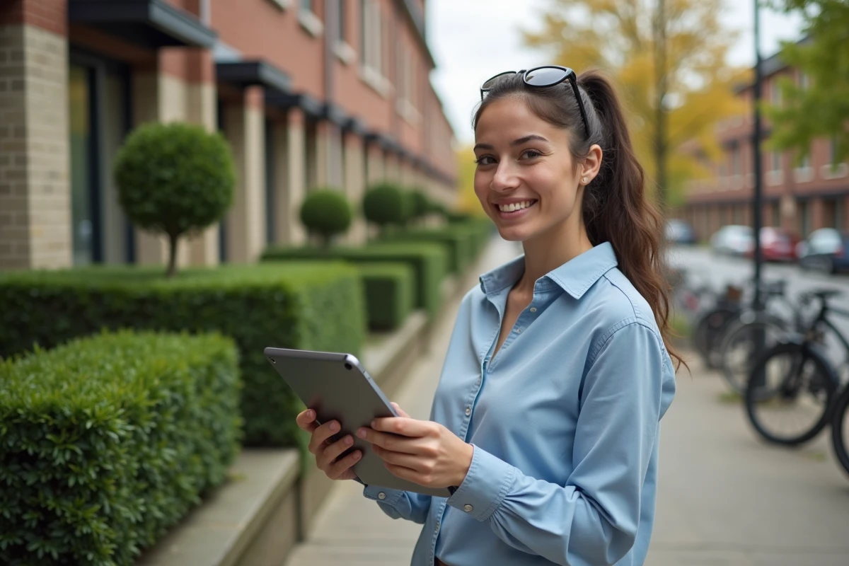 Jeune femme avec tablette devant immeuble résidentiel